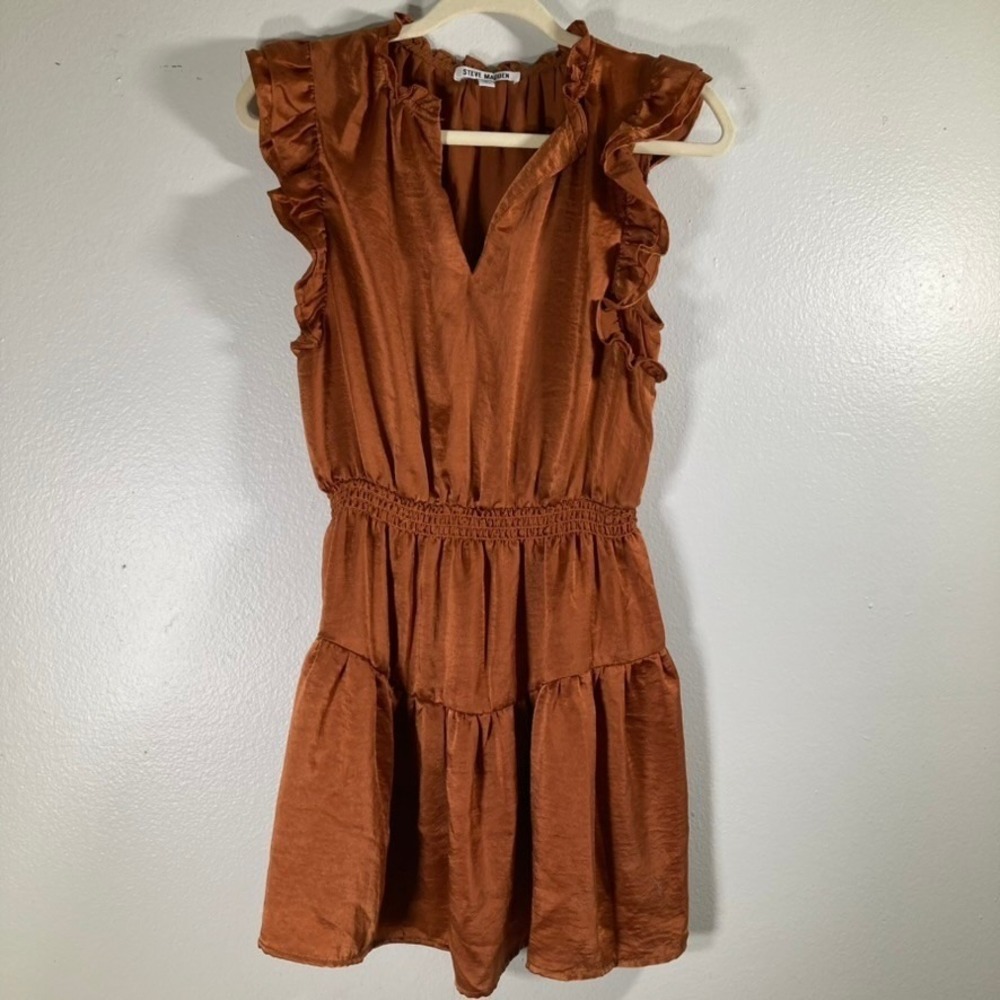 Steve Madden Women S Copper Brown Satin Ruffle Tiered Mini Dress Smocked Waist